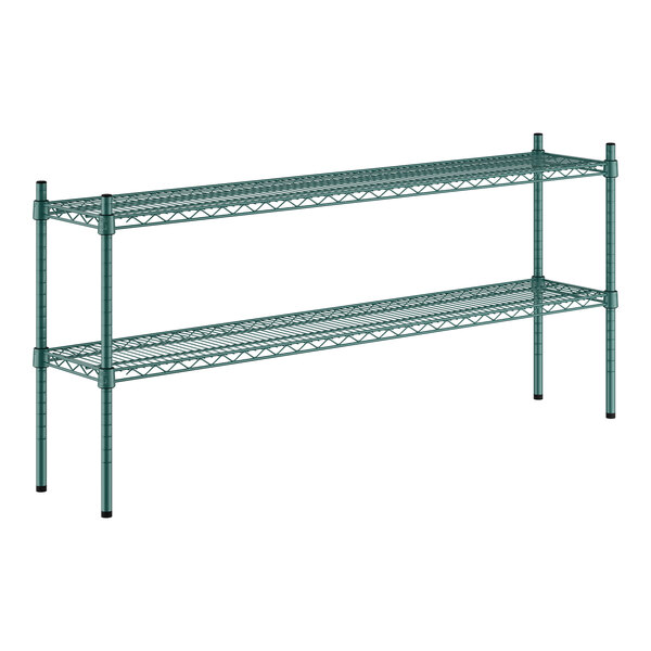 A green metal Regency shelving unit with two shelves.