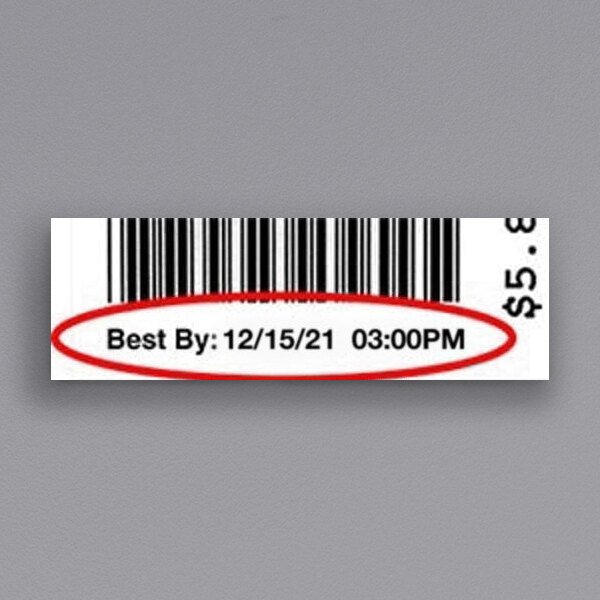 A white and black barcode with a date and time.