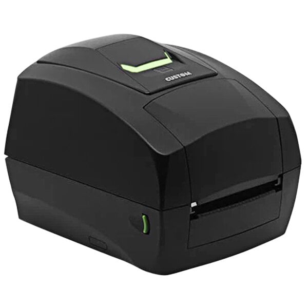 A black Custom 911MK010100233 D4 102 label printer with green lights on.