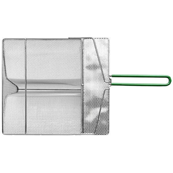 A Frymaster sediment tray, a metal mesh basket with a green handle.