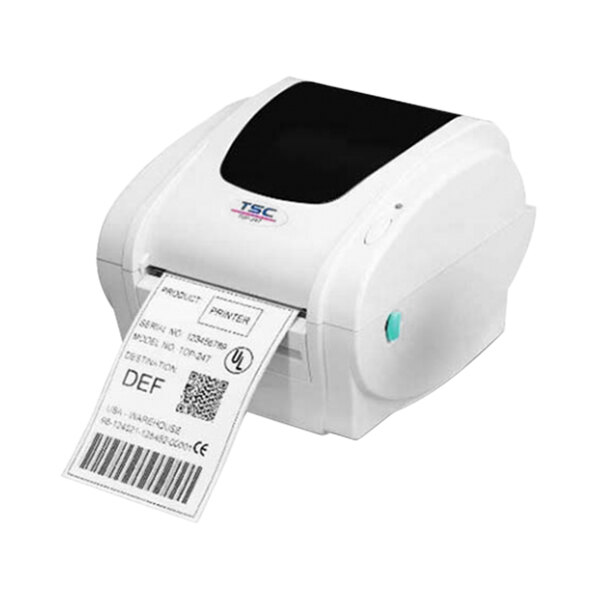 A white TSC TDP-345 label printer with a barcode label on it.