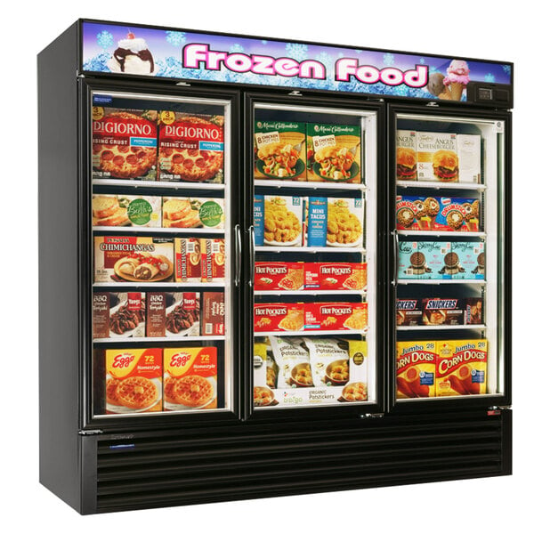 A Turbo Air glass door merchandising freezer with various frozen food items on shelves.