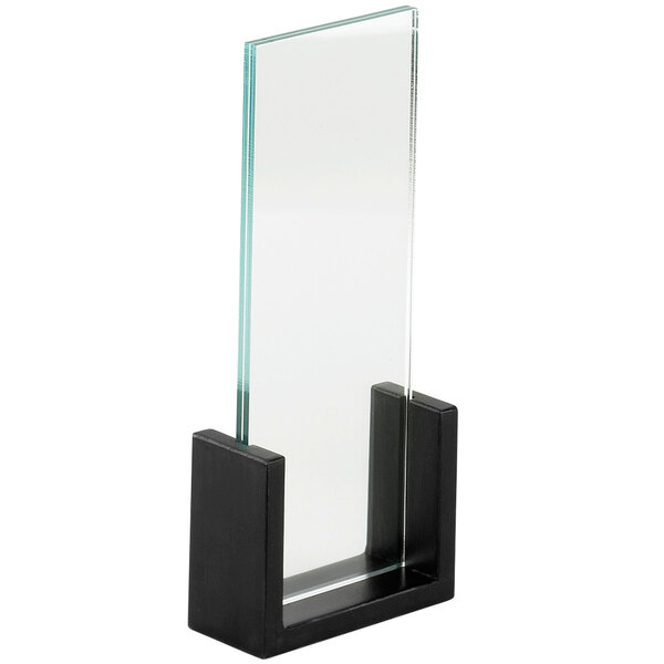 A glass rectangular display with a black base.