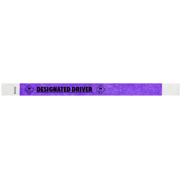 A purple wristband with the words "Designated Driver" in white text.