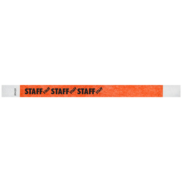 A neon red Tyvek wristband with the word "STAFF" in white.