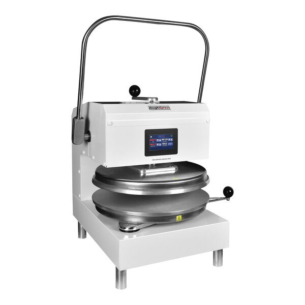 A white DoughXpress dual-heat pizza and tortilla press machine with a blue screen and buttons.