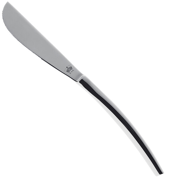 A silver knife with a black handle and a curved blade.