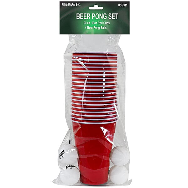 A plastic bag of red cups and white golf balls with black text.