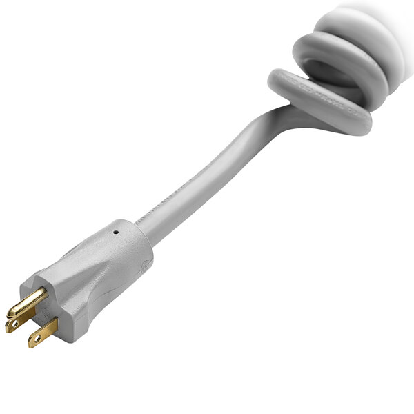 A white spiral Metro C5 power cord with a gold plug.
