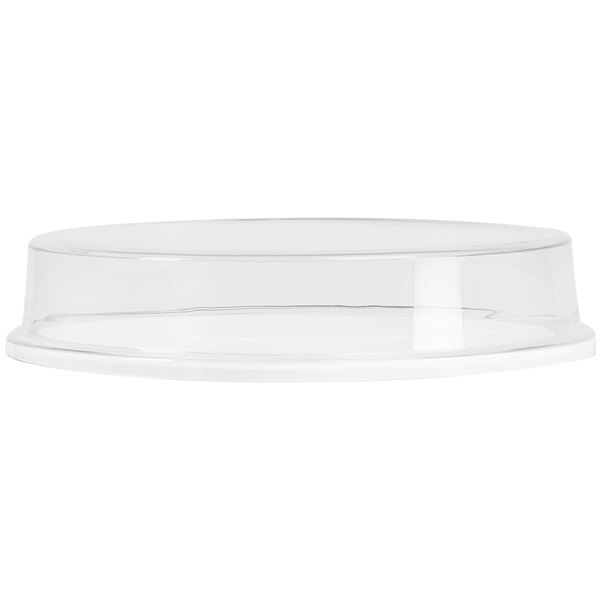 A clear plastic Cal-Mil plate cover over a white plate.