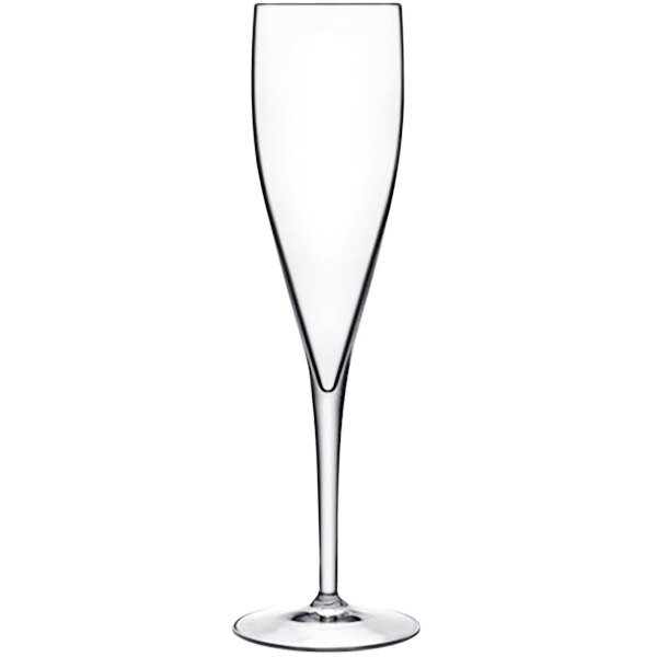 A clear Luigi Bormioli Accademia Vino flute glass with a long stem.