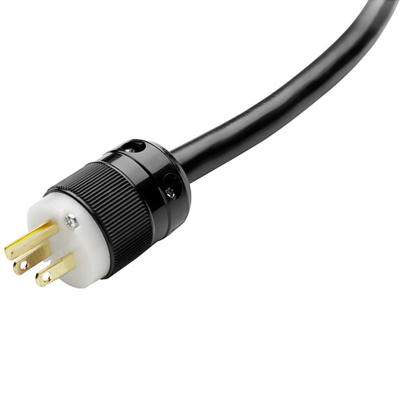 A black power cord with a white plug.