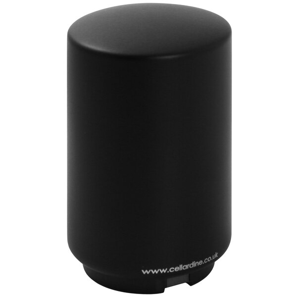 A black stainless steel cylinder with a white lid and white text.