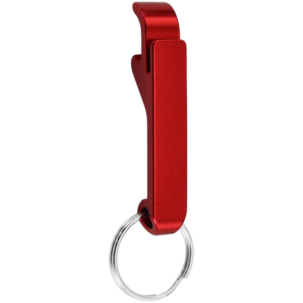 A red Franmara aluminum bottle opener with a key ring.