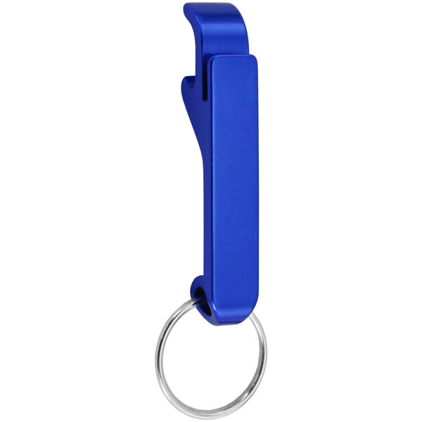 A Franmara blue aluminum bottle opener with key ring.