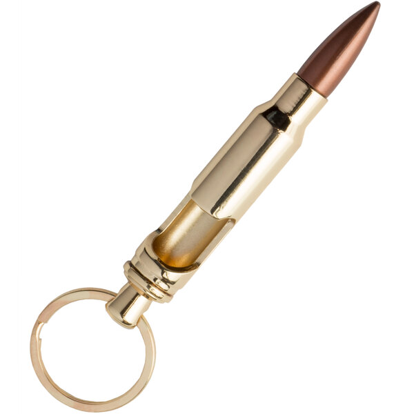 A Franmara brass bullet-shaped bottle opener with a key ring.