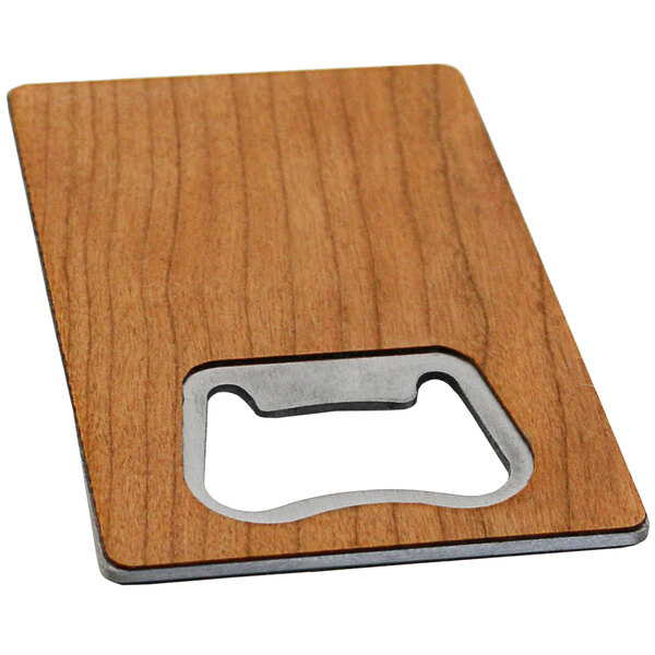 A Franmara stainless steel bottle opener with wood overlay.