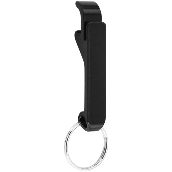 A black Franmara aluminum bottle opener with a key ring.