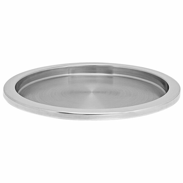A Room360 brushed stainless steel tray with a round edge.
