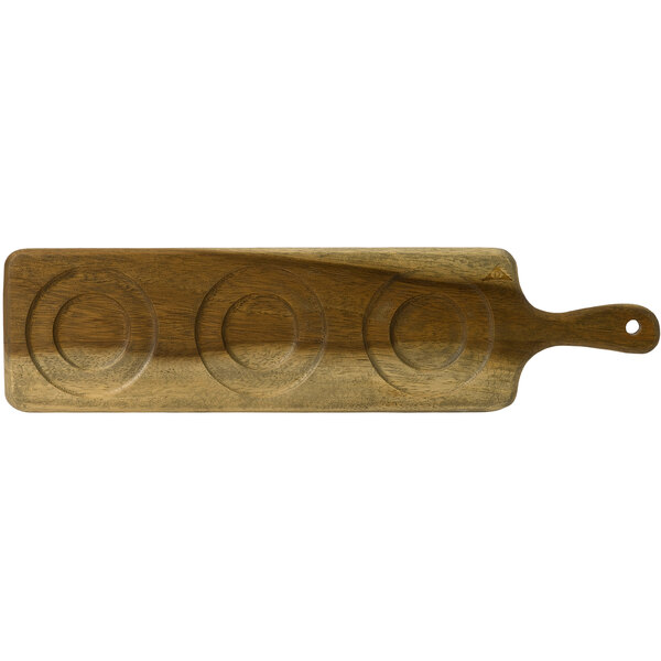 A Dudson rectangular acacia wood serving board with three circles carved into it.
