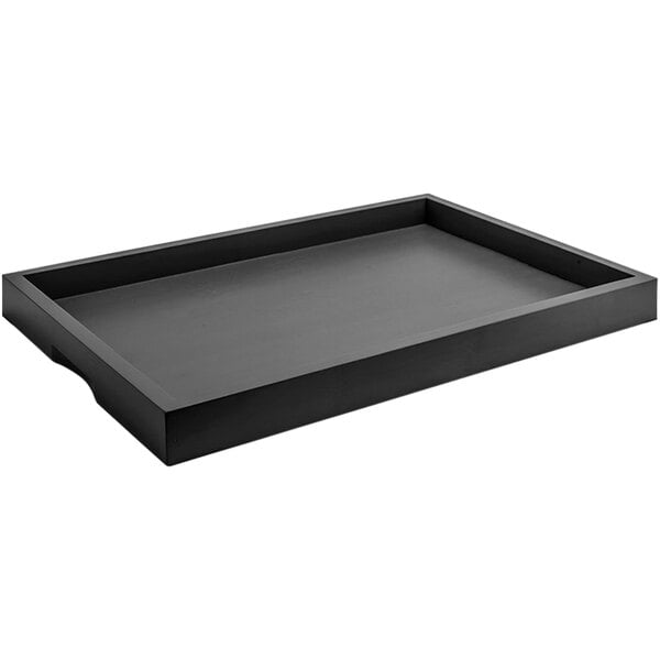 A black rectangular Room360 serving tray with a handle.