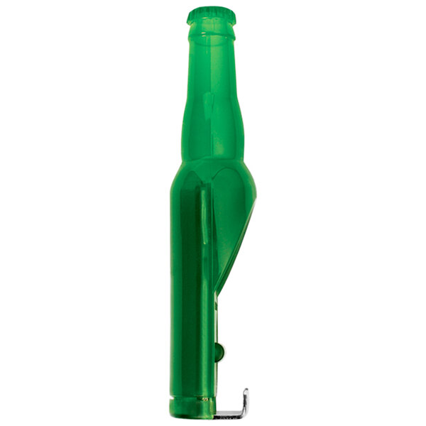A Franmara green thermoplastic bottle-shaped bottle opener with a metal hook.