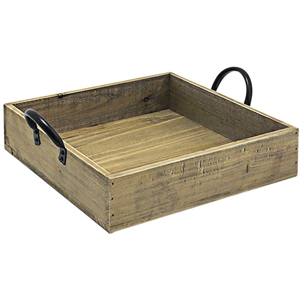 A wooden tray with black handles.