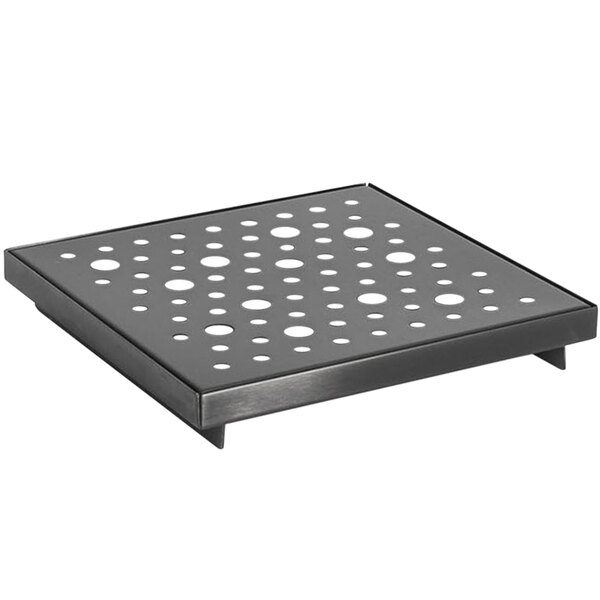 A Front of the House matte black stainless steel metal tray with holes on the feet.