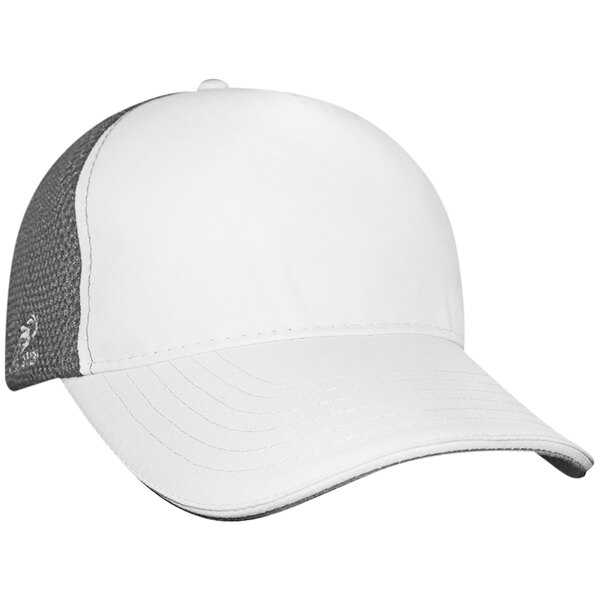 A white Headsweats trucker hat with grey mesh.
