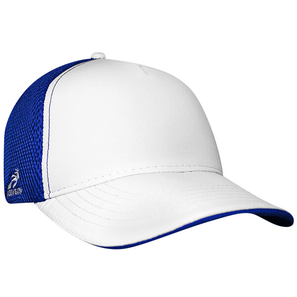 A white Headsweats 5 panel trucker hat with blue mesh back.