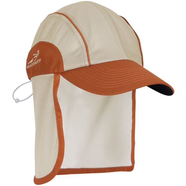 An orange and white Headsweats cap with neck covering.
