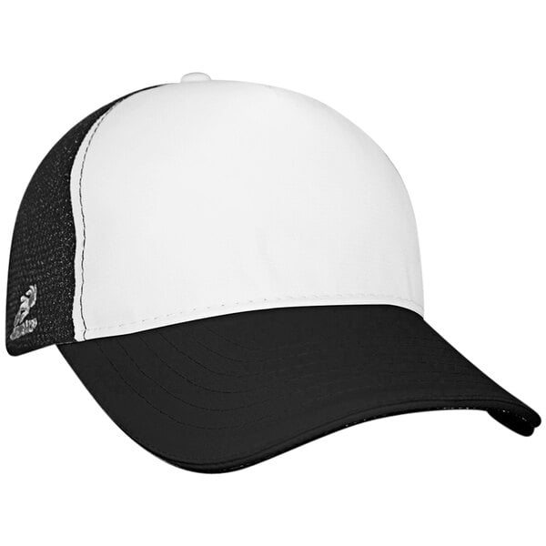 A white Headsweats trucker hat with black mesh back.