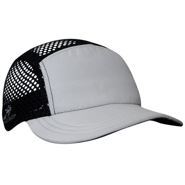 A gray and black Headsweats crusher hat with mesh on the front.