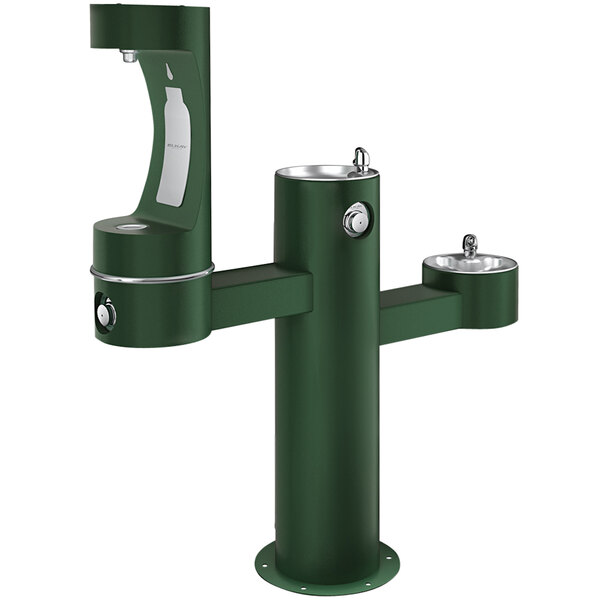 An Elkay green drinking fountain with two fountains.