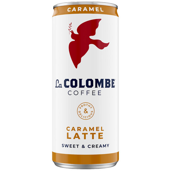 A white La Colombe can of caramel latte with red and black text and a red dove.