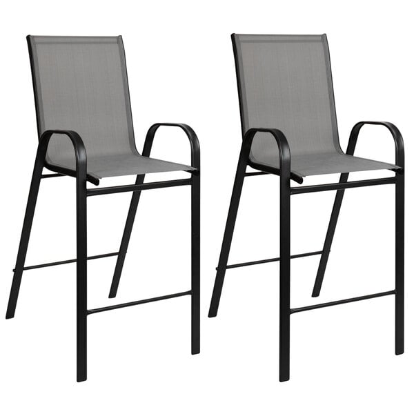Two gray Flash Furniture outdoor barstools with black legs.