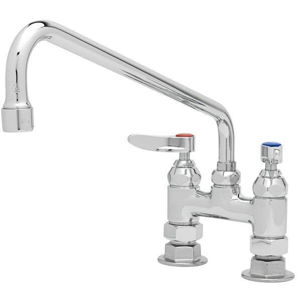 A silver T&S deck-mounted faucet with lever handles and a red and blue button.