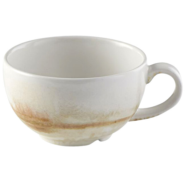 A white coffee cup with a brown rim and handle.