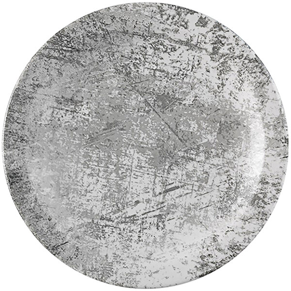 A Dudson Maker's Urban china plate with a steel grey design on the rim.