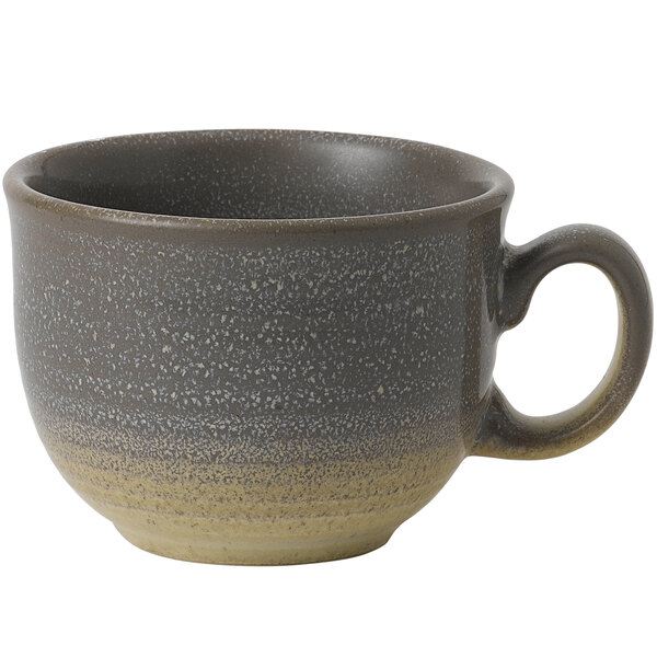 A grey and beige Dudson Evo stoneware cafe au lait cup with a handle.