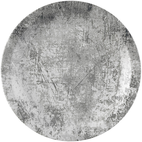 A close-up of a Dudson Maker's Urban steel grey china plate with a narrow rim.