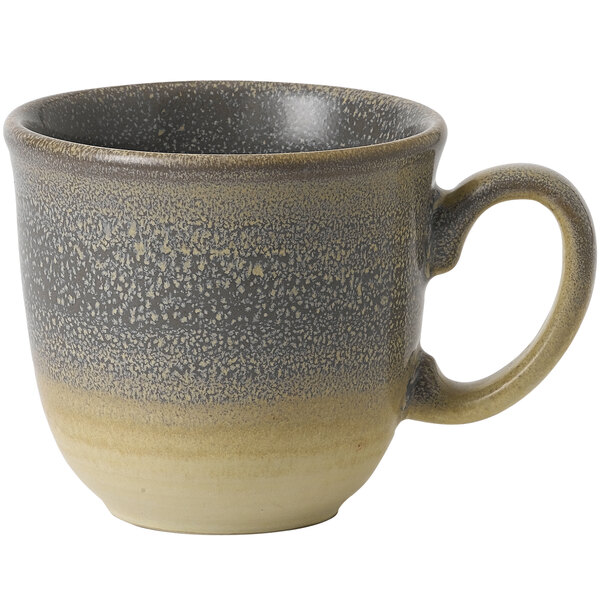 A Dudson Evo stoneware mug with a brown and gray speckled design and a handle.