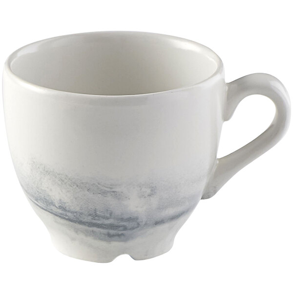 A white espresso cup with a gray design and a handle.