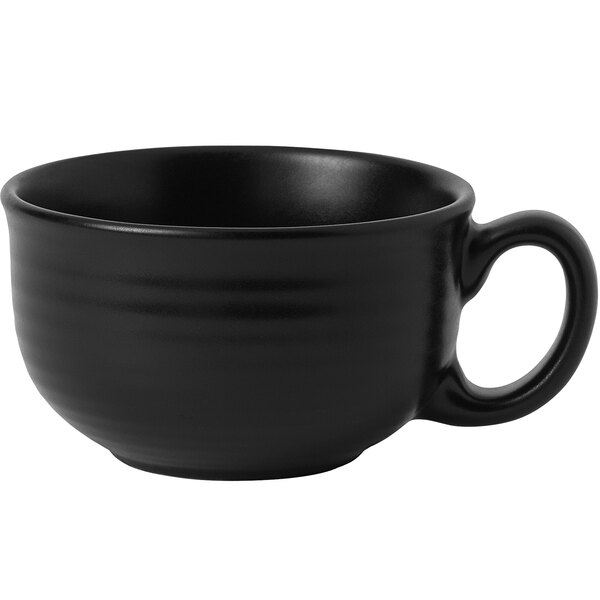 A matte jet black Dudson Evo stoneware tea cup with a handle.