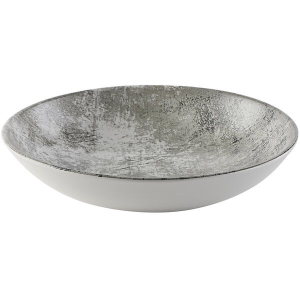 A close-up of a Dudson Maker's Urban steel grey coupe bowl with a silver speckled surface.