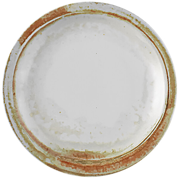 A white plate with a narrow sandstone brown rim.