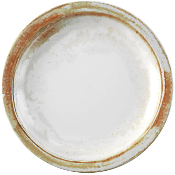 A white Dudson Maker's Finca china plate with a brown narrow rim.