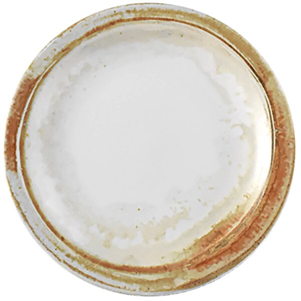A Dudson Maker's Finca narrow rim china plate with a white center and a sandstone colored rim.