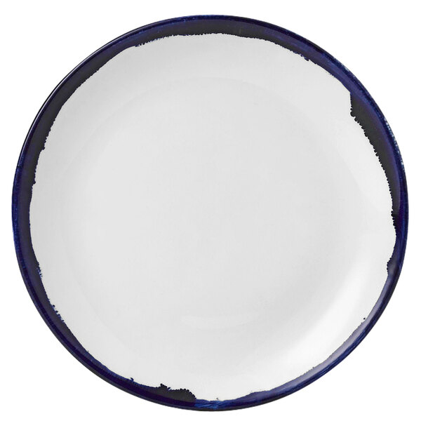 A white Dudson Harvest china plate with a blue rim and black accents.