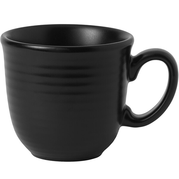 A Dudson matte jet black stoneware mug with a handle.